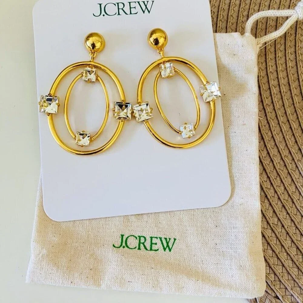 J. Crew Gold Double Oval Crystal Hoops Statement Earrings NWT